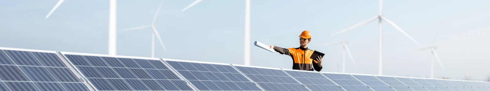 Picture of engineer in front of solar and wind farm